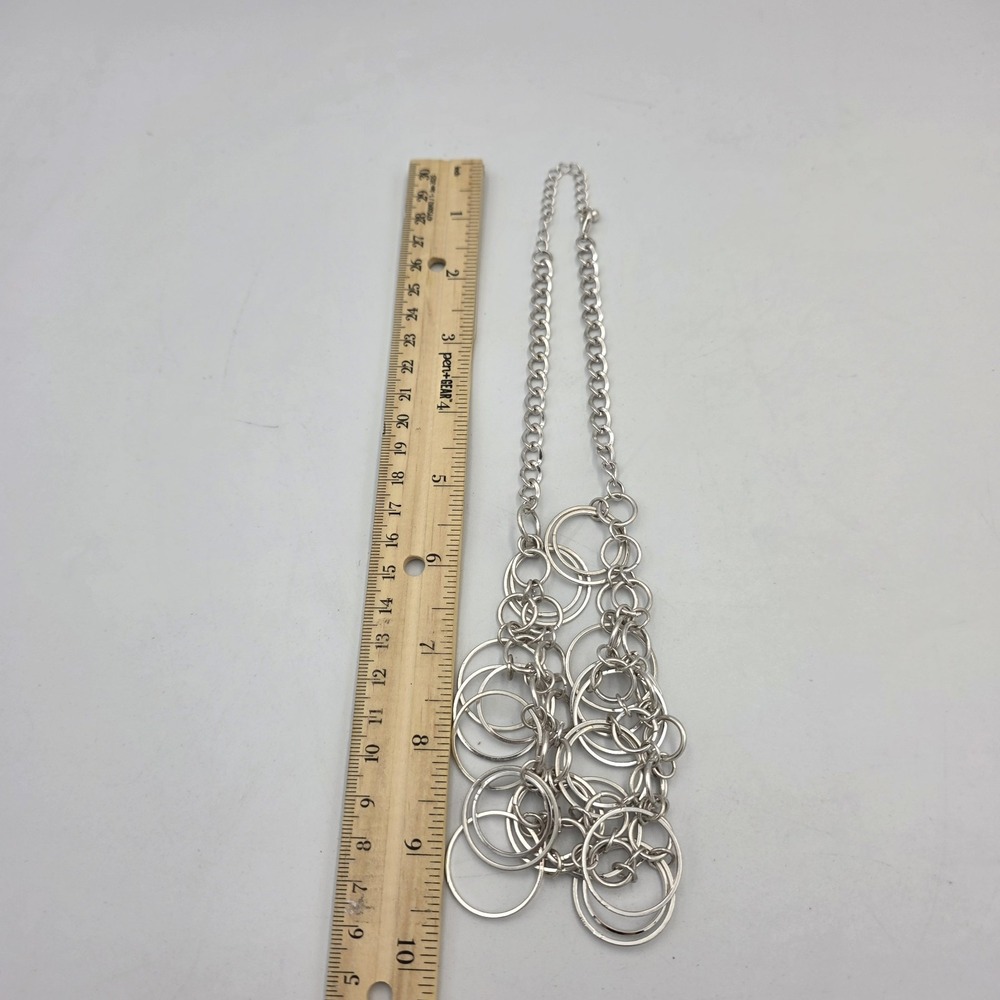 Silver Tone Layered Rings Hoops Circles Collar Statement Modern Necklace 19" - Picture 4 of 4